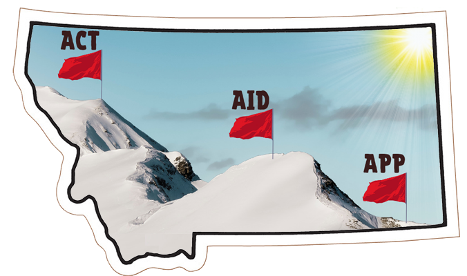 Outline of Montana with red flags ascending from right to left on a snow covered mountain